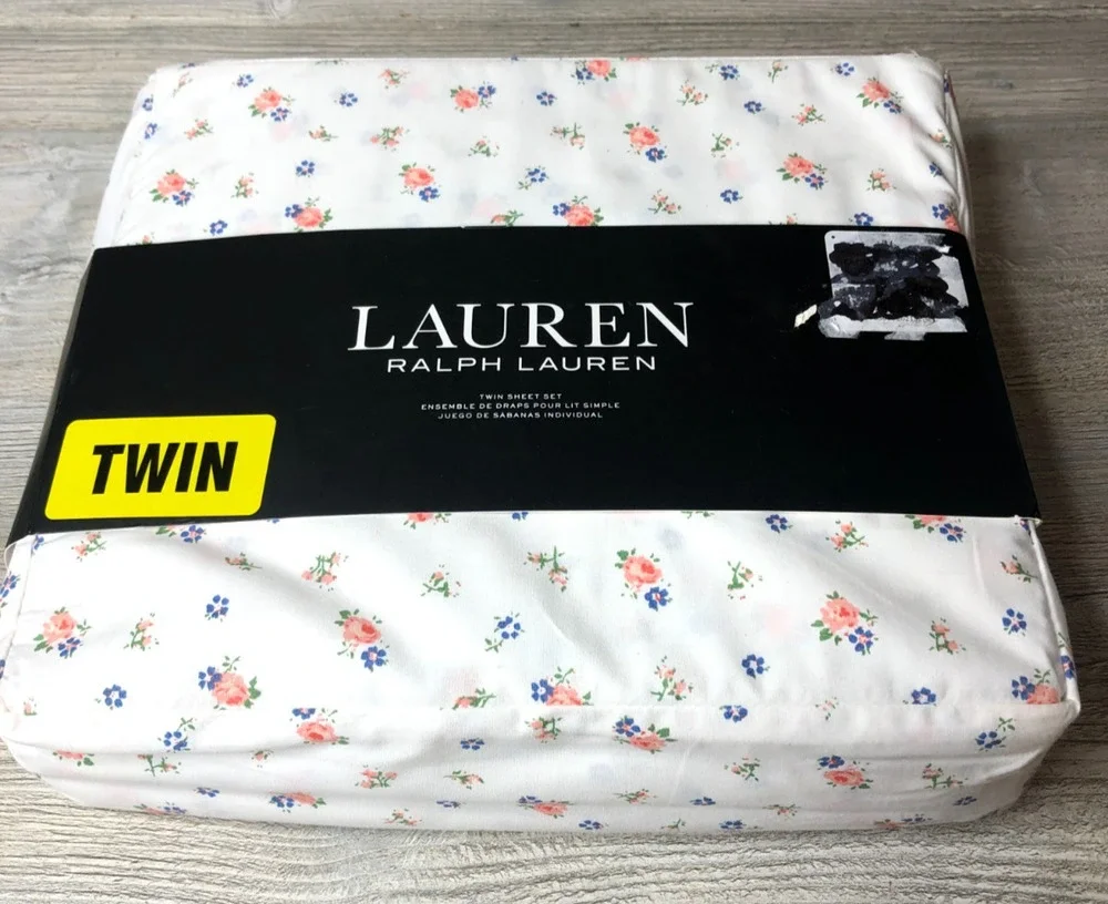 Ralph Lauren Twin Sheet Set 3pc Floral Pink & Blue Flowers White Cotton New